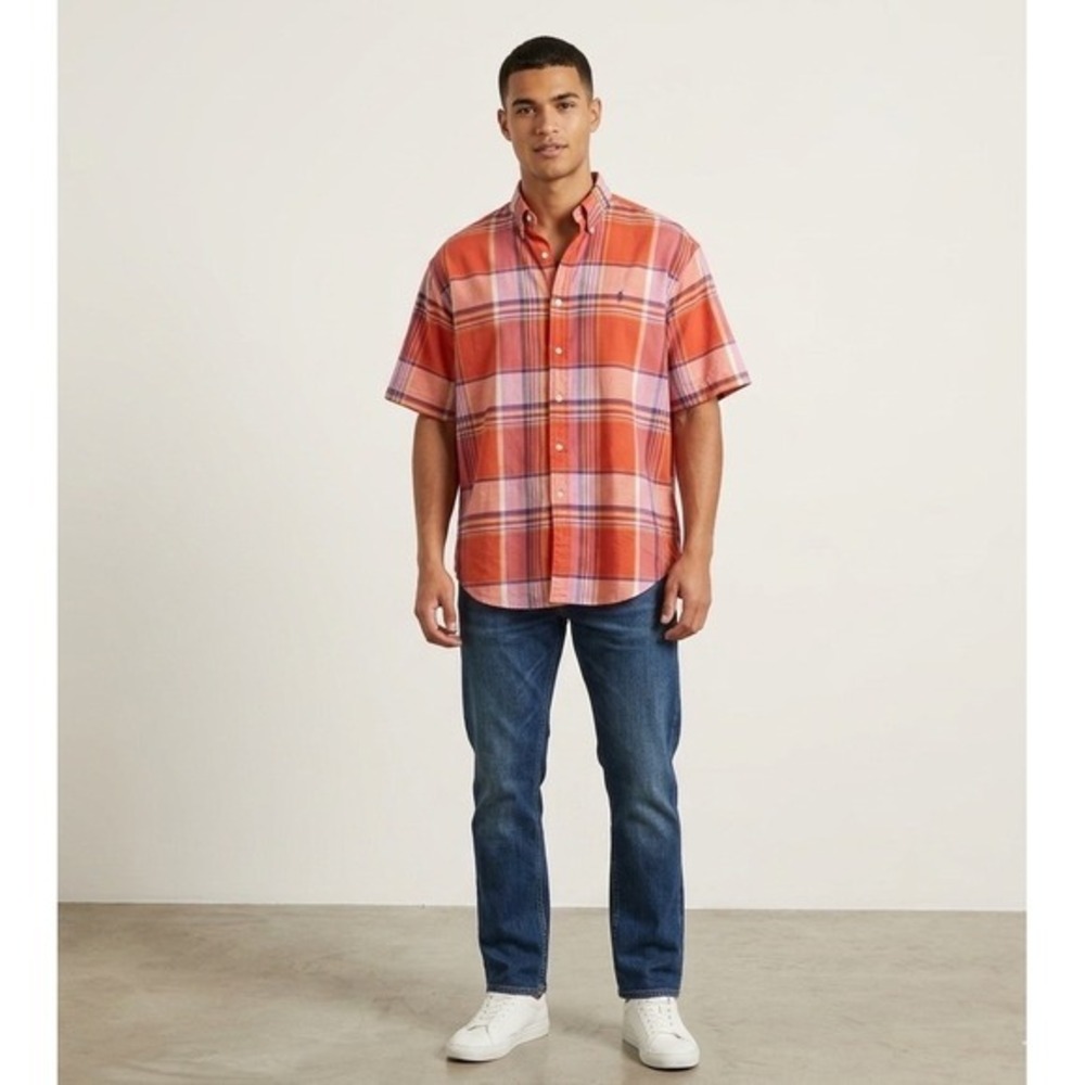 Ralph Lauren Blake Mens Button Down Shirt Short Sleeve Plaid Orange Pink Medium